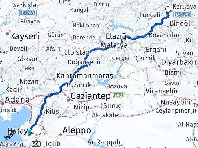 Hatay Adaklı Bingöl Arası Kaç Km - Yol Haritası