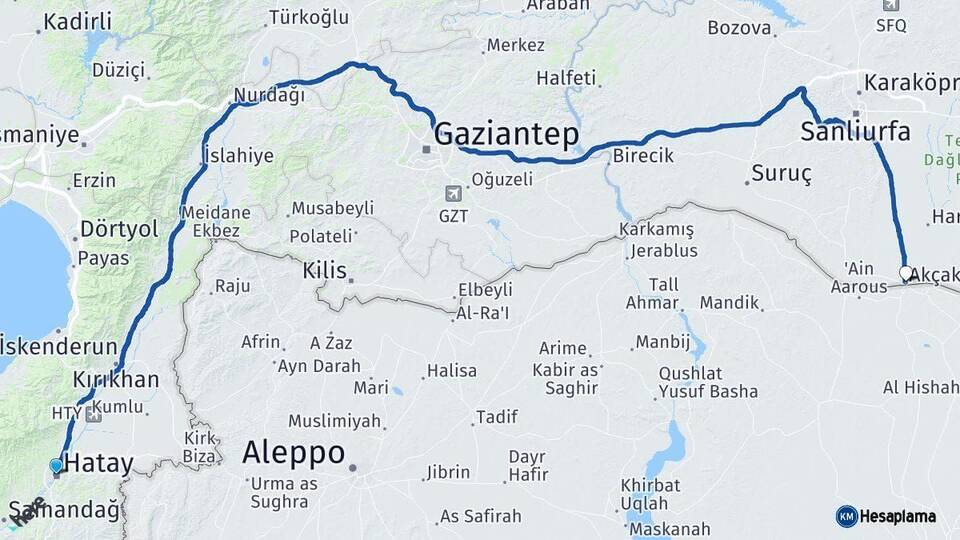 Hatay Akçakale Şanlıurfa Arası Kaç Km - Yol Haritası