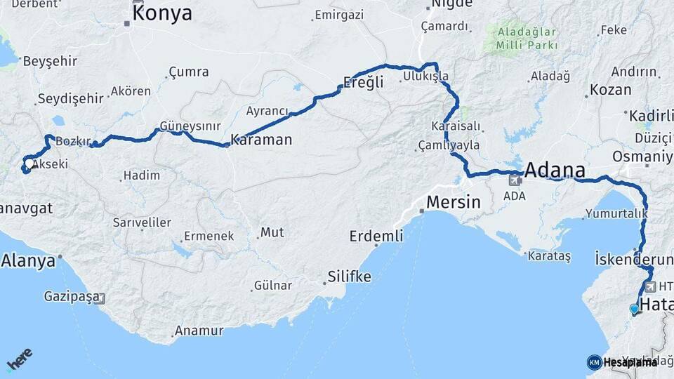 Hatay Akseki Antalya Arası Kaç Km - Yol Haritası