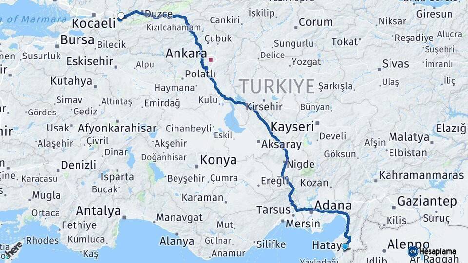 Hatay Akyazı Sakarya Arası Kaç Km - Yol Haritası