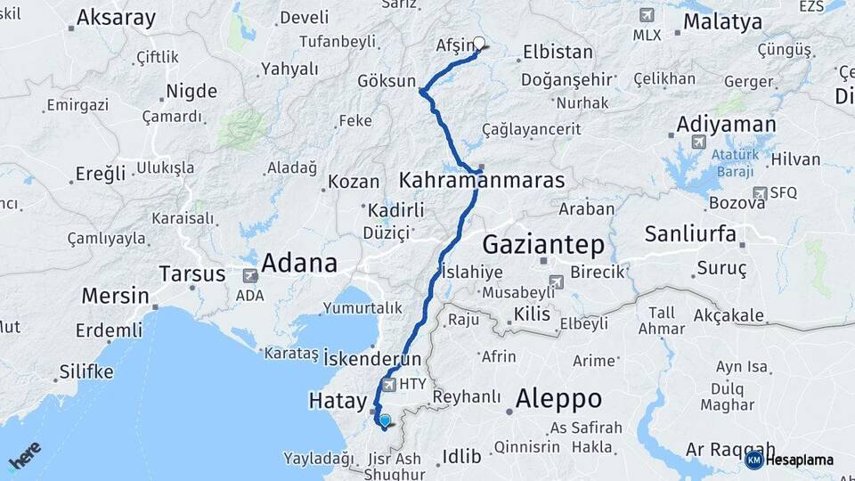 Hatay Altınözü Afşin Kahramanmaraş Arası Kaç Km - Yol Haritası