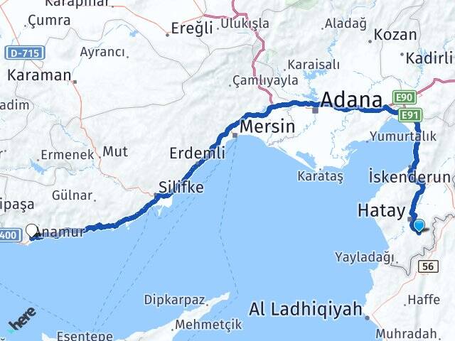 Hatay Altınözü Anamur Mersin Arası Kaç Km - Yol Haritası