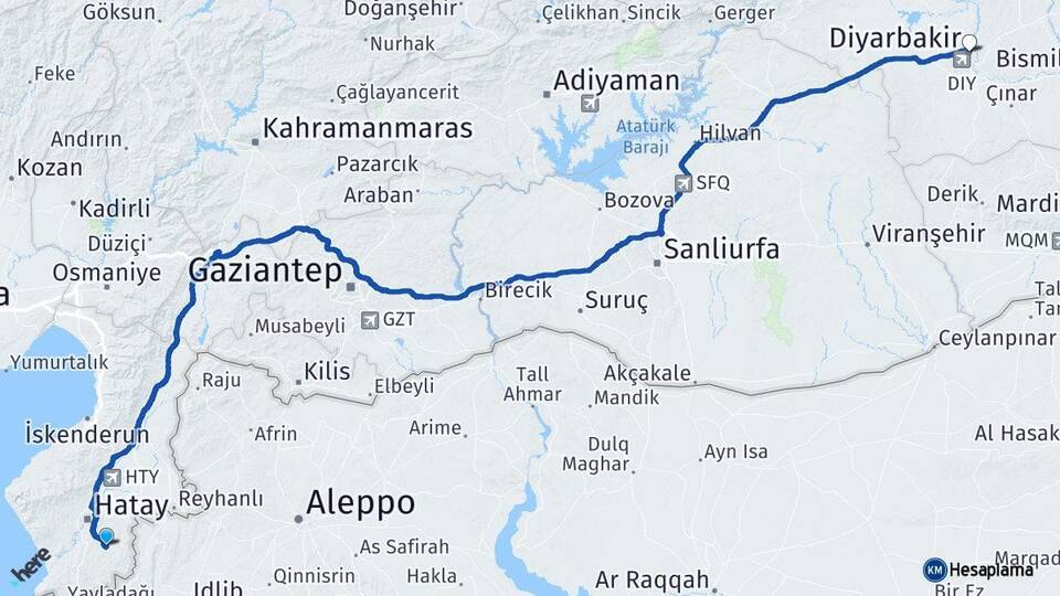 Hatay Altınözü Diyarbakır Arası Kaç Km - Yol Haritası