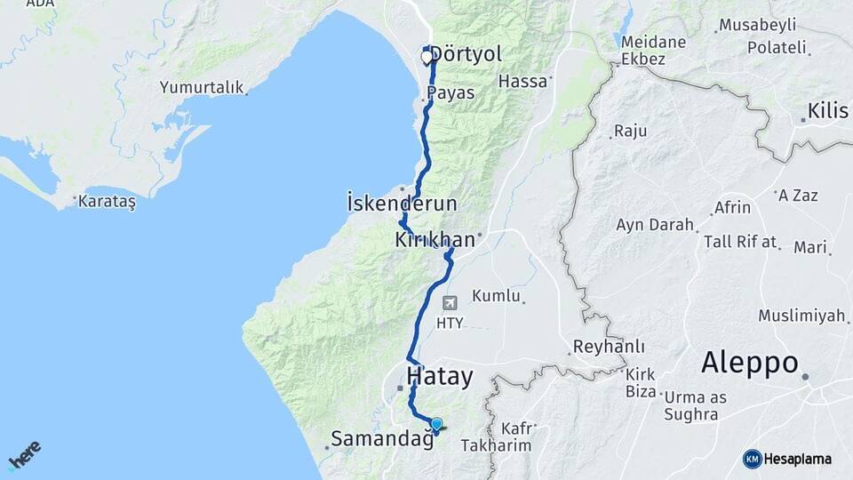 Hatay Altınözü Dörtyol Arası Kaç Km - Yol Haritası