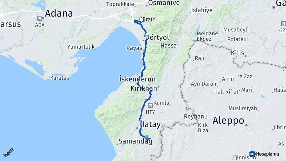 Hatay Altınözü Erzin Arası Kaç Km - Yol Haritası
