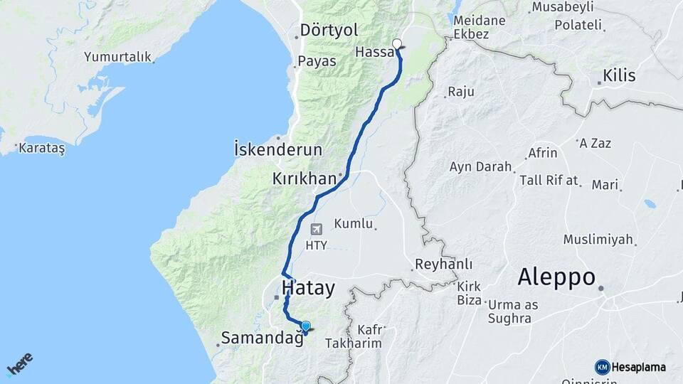 Hatay Altınözü Hassa Arası Kaç Km - Yol Haritası