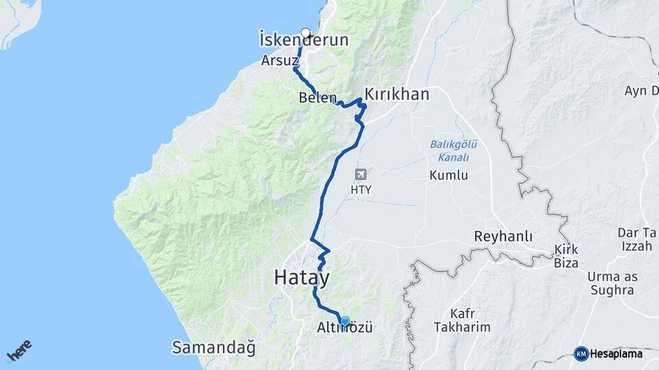 Hatay Altınözü İskenderun Arası Kaç Km - Yol Haritası