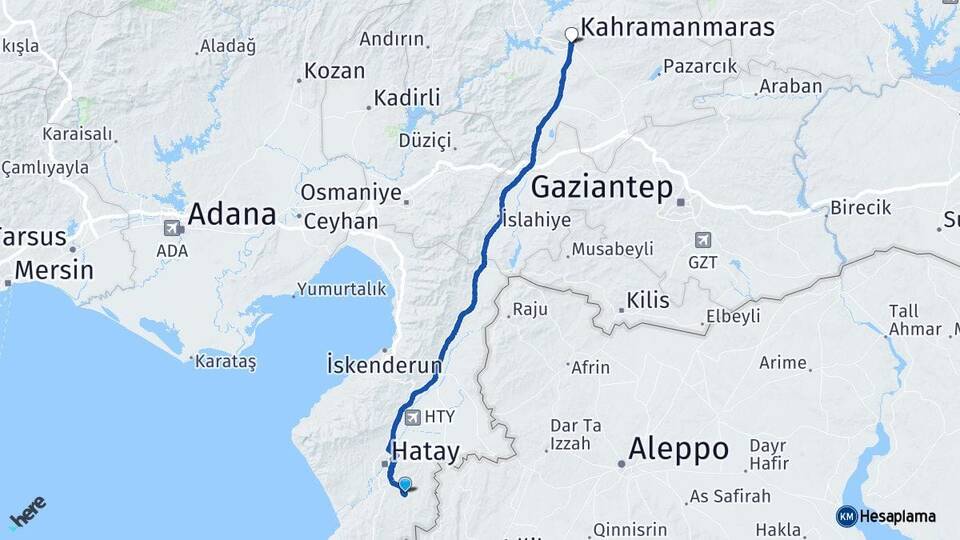 Hatay Altınözü Kahramanmaraş Arası Kaç Km - Yol Haritası