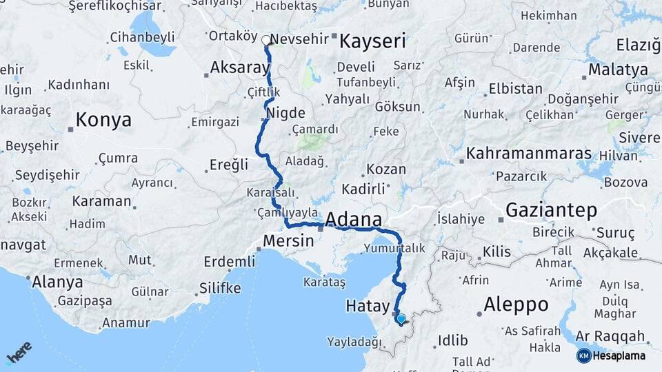 Hatay Altınözü Nevşehir Arası Kaç Km - Yol Haritası