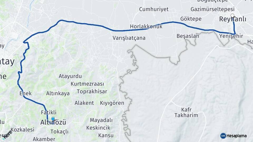 Hatay Altınözü Reyhanlı Arası Kaç Km - Yol Haritası