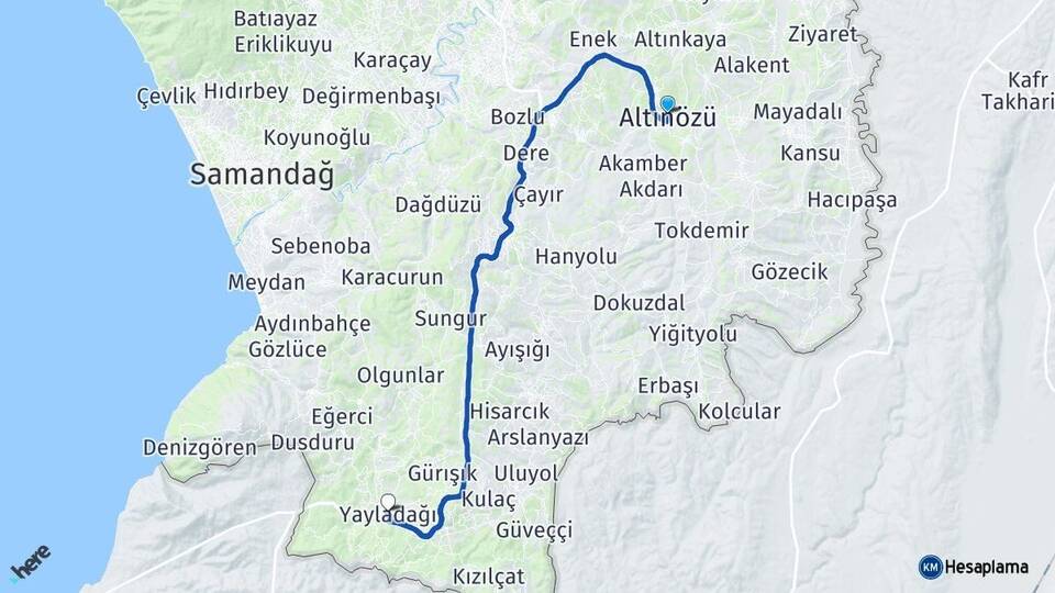 Hatay Altınözü Yayladağı Arası Kaç Km - Yol Haritası