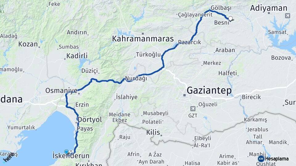 Hatay Arsuz Besni Adıyaman Arası Kaç Km - Yol Haritası