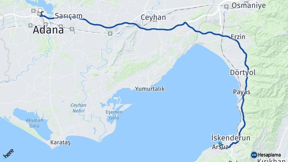 Hatay Arsuz Çukurova Adana Arası Kaç Km - Yol Haritası