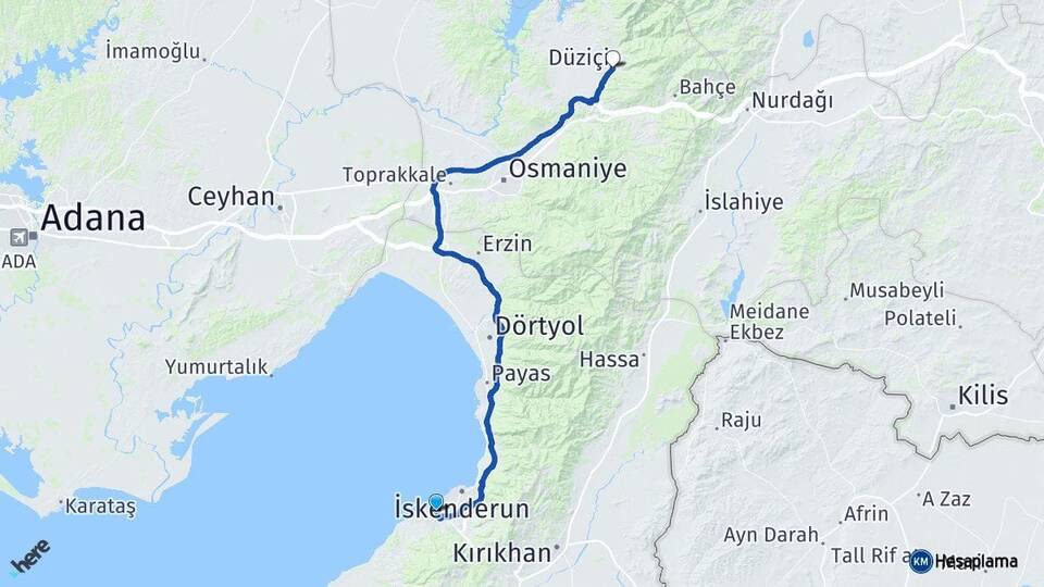 Hatay Arsuz Düziçi Osmaniye Arası Kaç Km - Yol Haritası