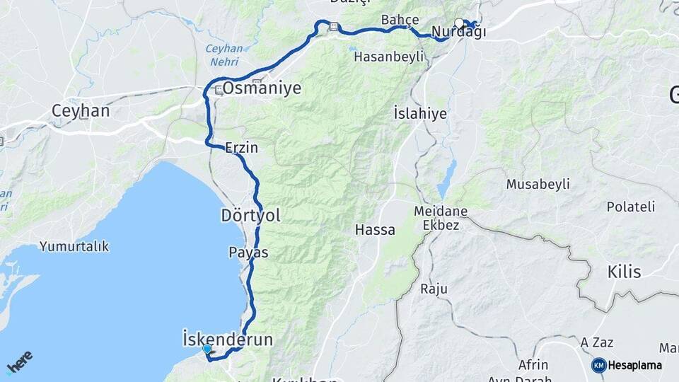 Hatay Arsuz Nurdağı Gaziantep Arası Kaç Km - Yol Haritası