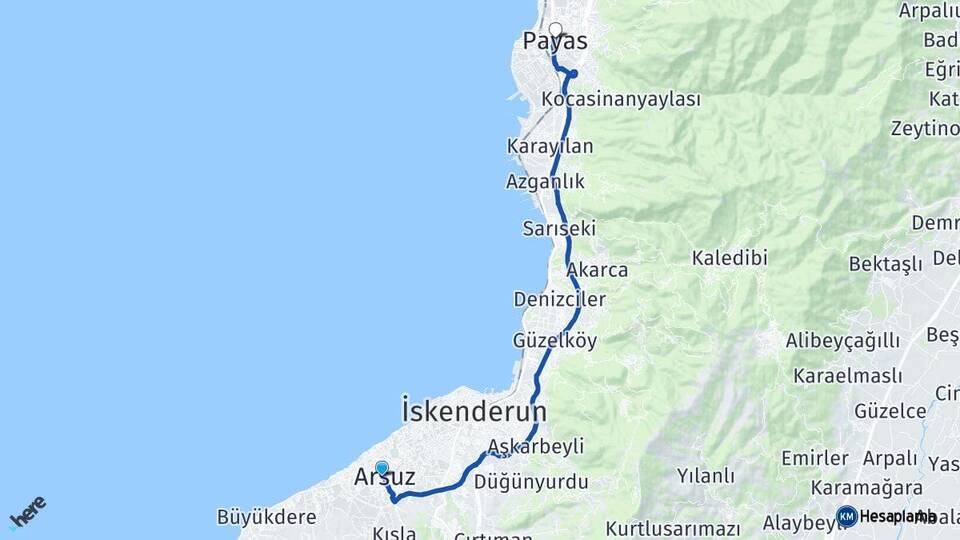 Hatay Arsuz Payas Arası Kaç Km - Yol Haritası