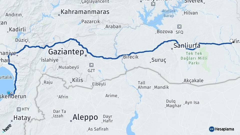 Hatay Arsuz Viranşehir Şanlıurfa Arası Kaç Km - Yol Haritası