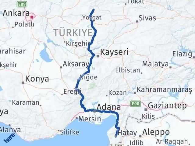 Hatay Aydıncık Yozgat Arası Kaç Km - Yol Haritası