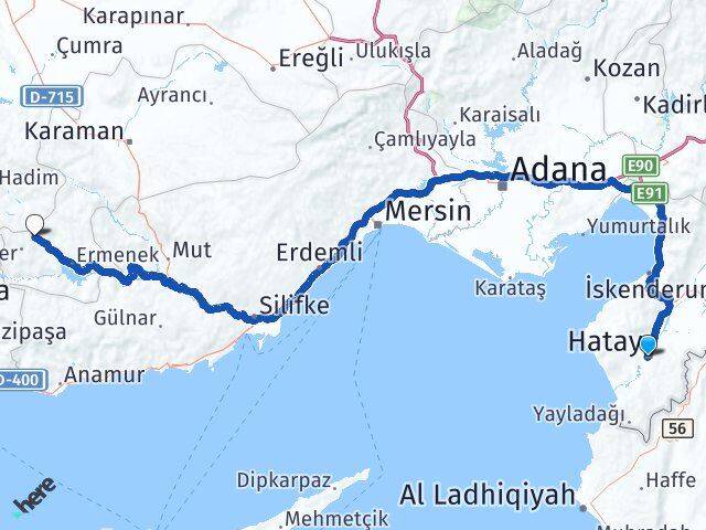 Hatay Başyayla Karaman Arası Kaç Km - Yol Haritası