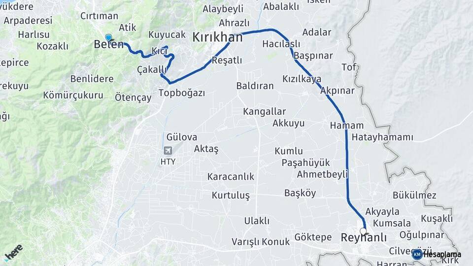 Hatay Belen Reyhanlı Arası Kaç Km - Yol Haritası