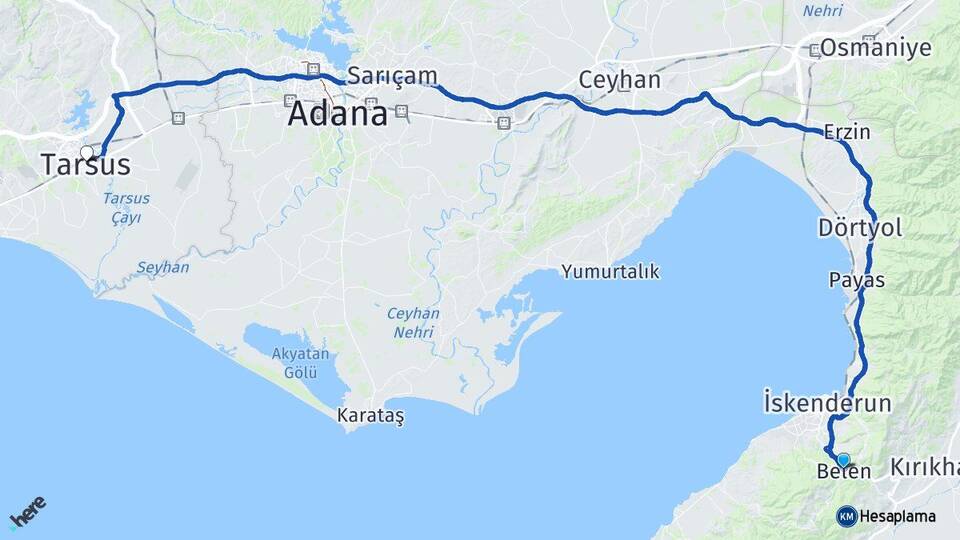 Hatay Belen Tarsus Mersin Arası Kaç Km - Yol Haritası