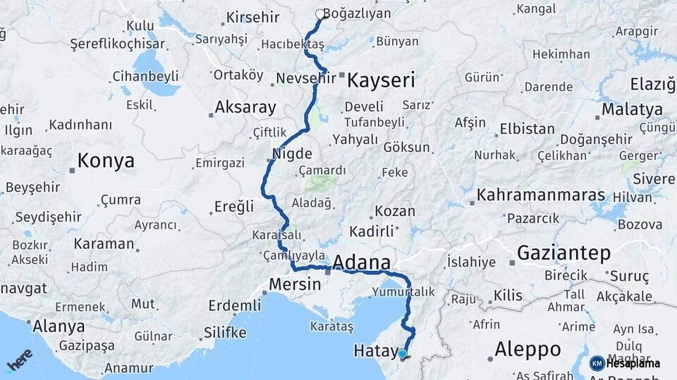 Hatay Boğazlıyan Yozgat Arası Kaç Km - Yol Haritası