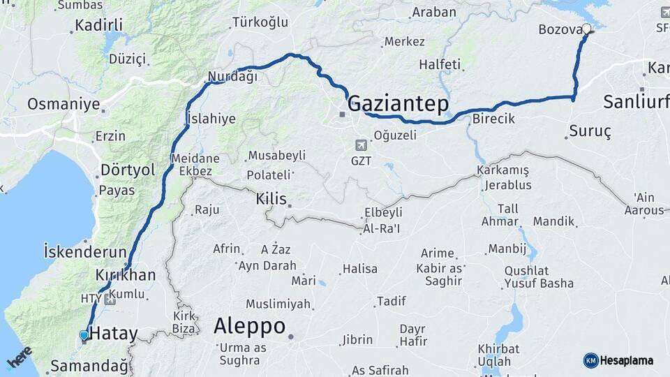Hatay Bozova Şanlıurfa Arası Kaç Km - Yol Haritası