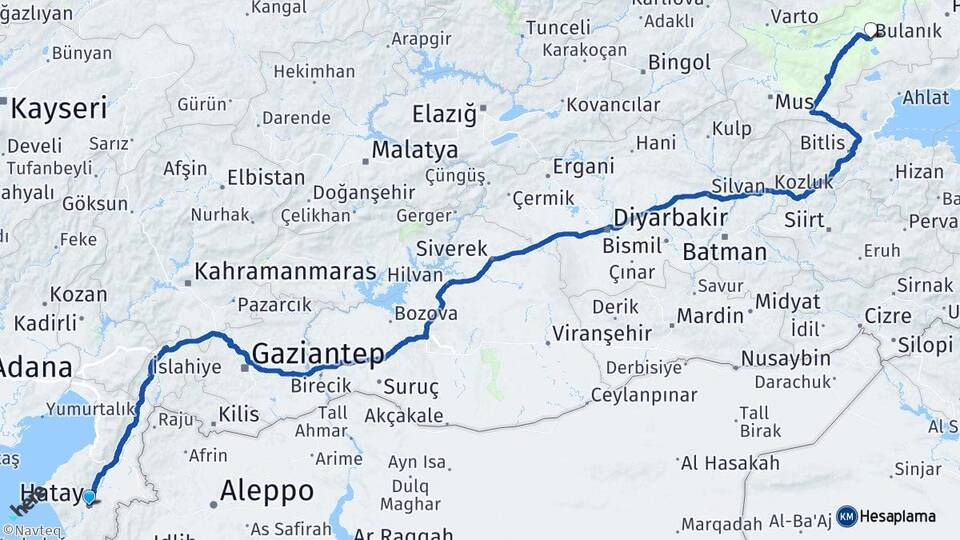 Hatay Bulanık Muş Arası Kaç Km - Yol Haritası