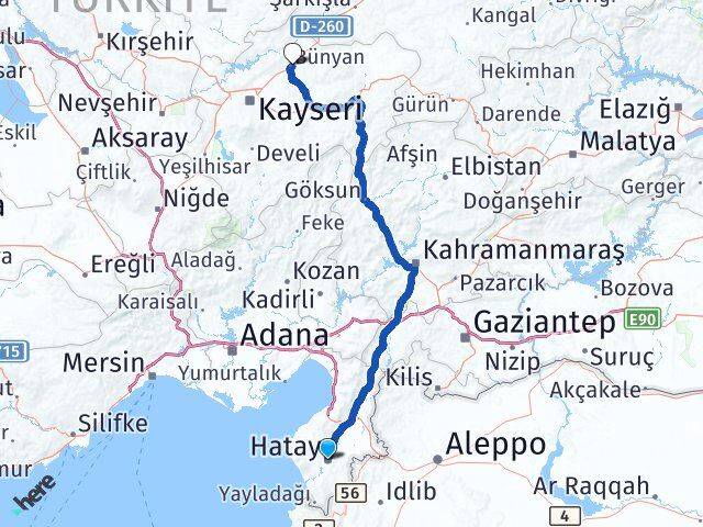 Hatay Bünyan Kayseri Arası Kaç Km - Yol Haritası