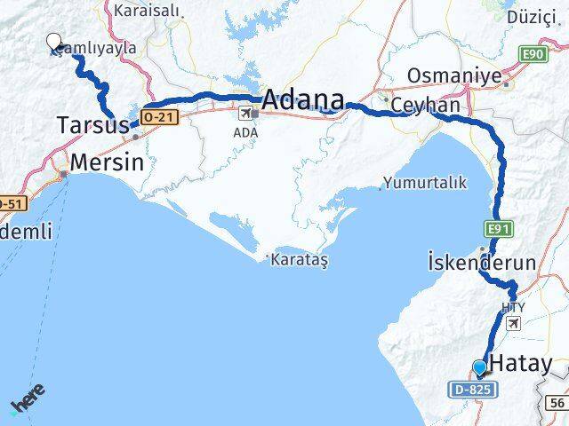 Hatay Çamlıyayla Mersin Arası Kaç Km - Yol Haritası