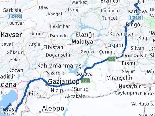 Hatay Çat Erzurum Arası Kaç Km - Yol Haritası