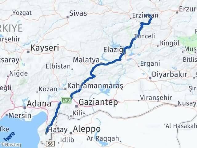 Hatay Çayırlı Erzincan Arası Kaç Km - Yol Haritası