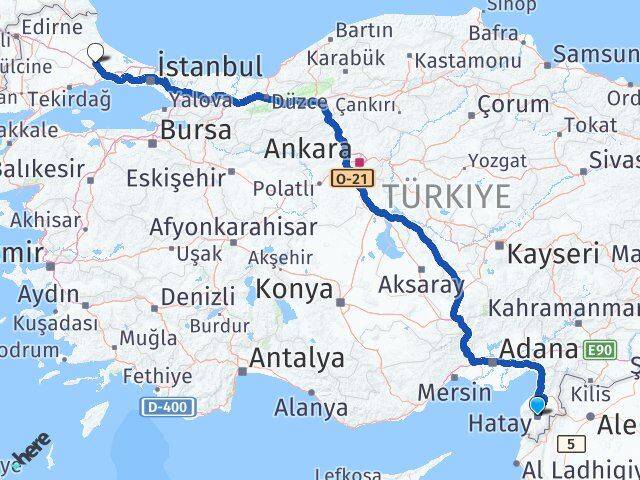 Hatay Çerkezköy Tekirdağ Arası Kaç Km - Yol Haritası