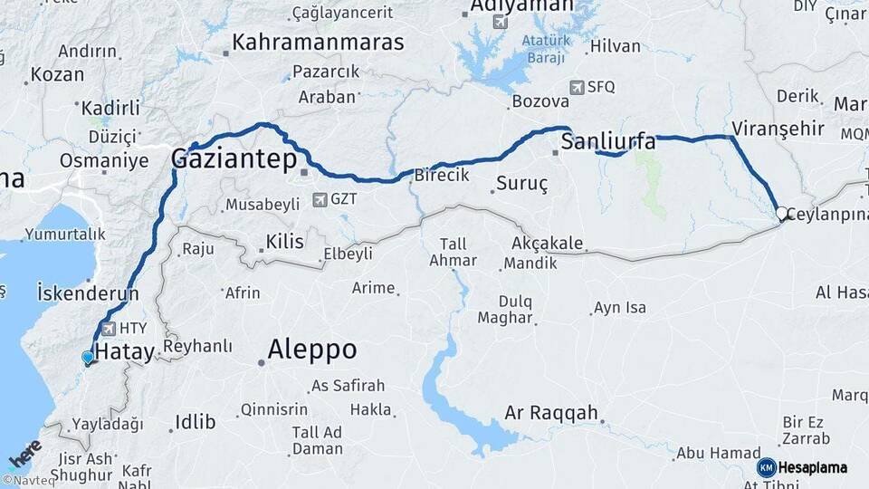 Hatay Ceylanpınar Şanlıurfa Arası Kaç Km - Yol Haritası