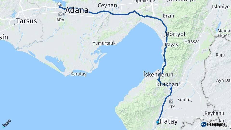 Hatay Çukurova Adana Arası Kaç Km - Yol Haritası