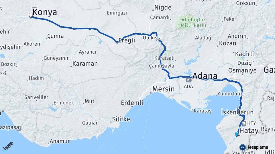 Hatay Defne Konya Arası Kaç Km - Yol Haritası