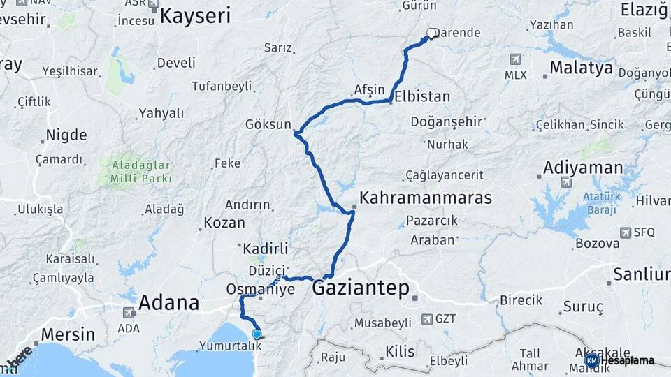 Hatay Dörtyol Darende Malatya Arası Kaç Km - Yol Haritası