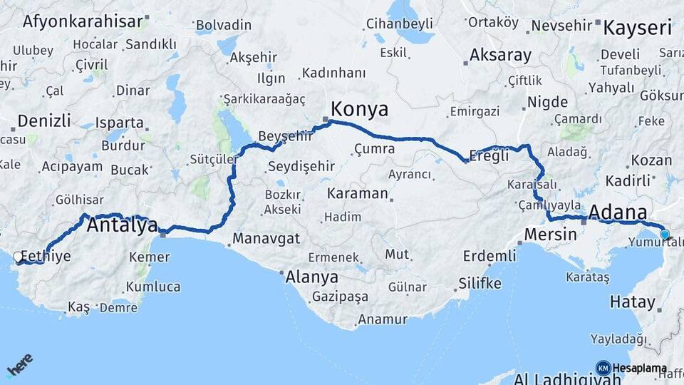 Hatay Dörtyol Fethiye Muğla Arası Kaç Km - Yol Haritası