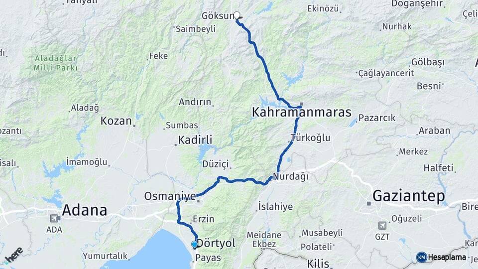 Hatay Dörtyol Göksun Kahramanmaraş Arası Kaç Km - Yol Haritası