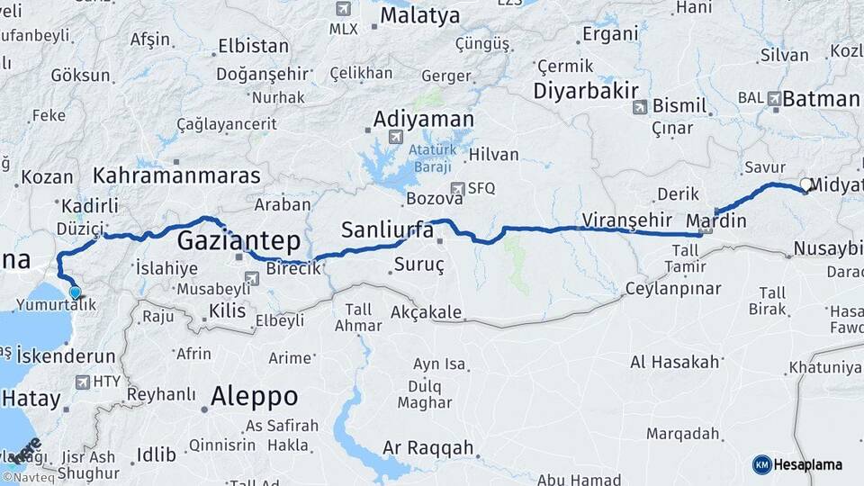 Hatay Dörtyol Midyat Mardin Arası Kaç Km - Yol Haritası