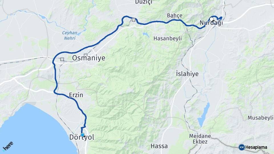 Hatay Dörtyol Nurdağı Gaziantep Arası Kaç Km - Yol Haritası
