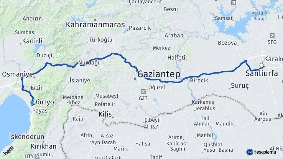 Hatay Dörtyol Şanlıurfa Arası Kaç Km - Yol Haritası