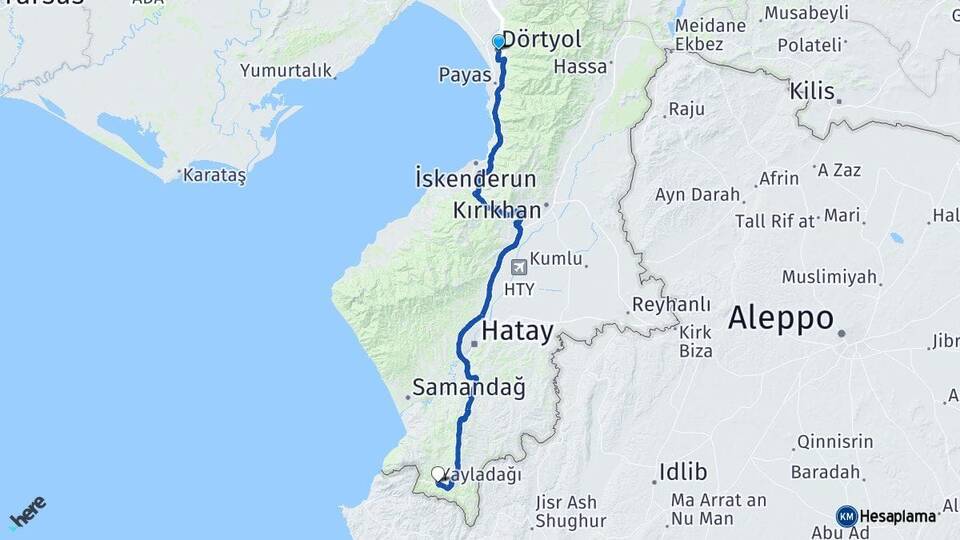 Hatay Dörtyol Yayladağı Arası Kaç Km - Yol Haritası