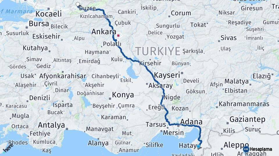 Hatay Düzce Arası Kaç Km - Yol Haritası