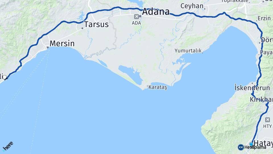 Hatay Erdemli Mersin Arası Kaç Km - Yol Haritası