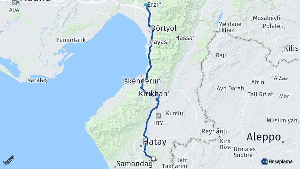 Hatay Erzin Altınözü Arası Kaç Km - Yol Haritası