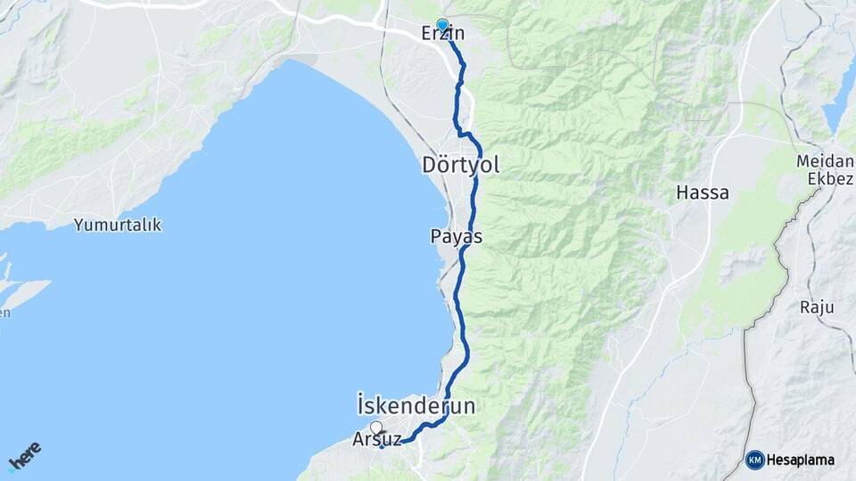Hatay Erzin Arsuz Arası Kaç Km - Yol Haritası