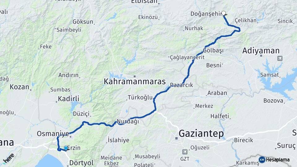 Hatay Erzin Doğanşehir Malatya Arası Kaç Km - Yol Haritası