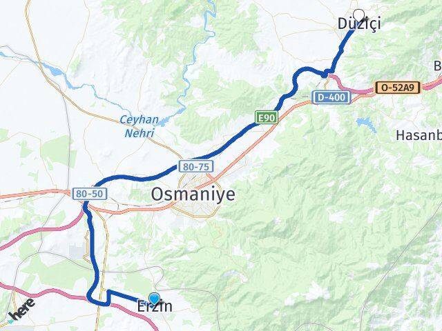Hatay Erzin Düziçi Osmaniye Arası Kaç Km - Yol Haritası