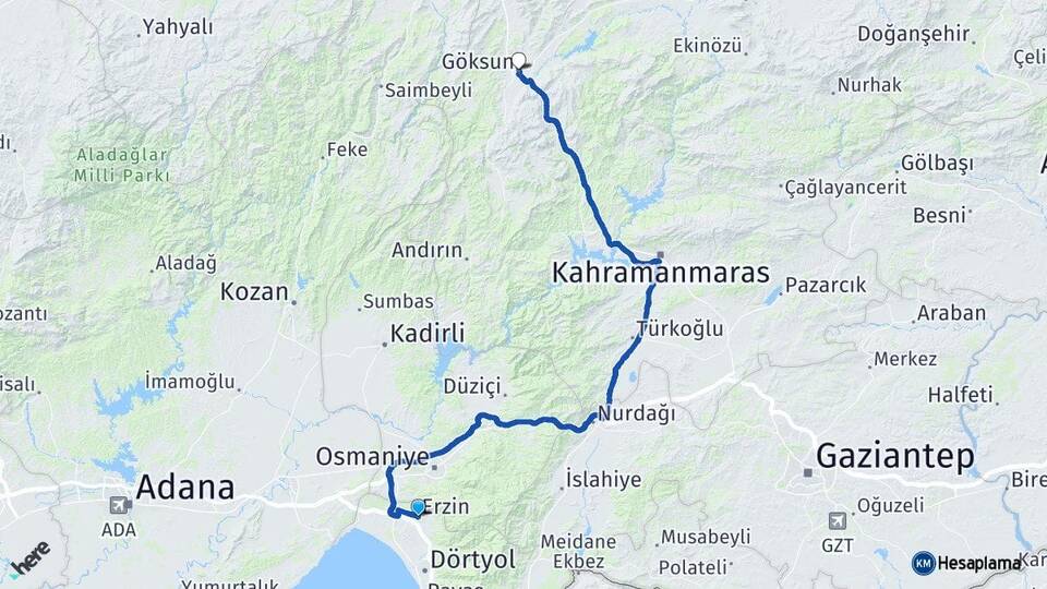 Hatay Erzin Göksun Kahramanmaraş Arası Kaç Km - Yol Haritası